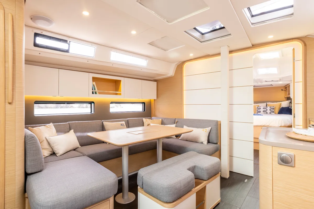 Salon of Sunsail 41.3 Premium, a Dufour 41 sailboat at Municipal Unit of Lefkada, Greece