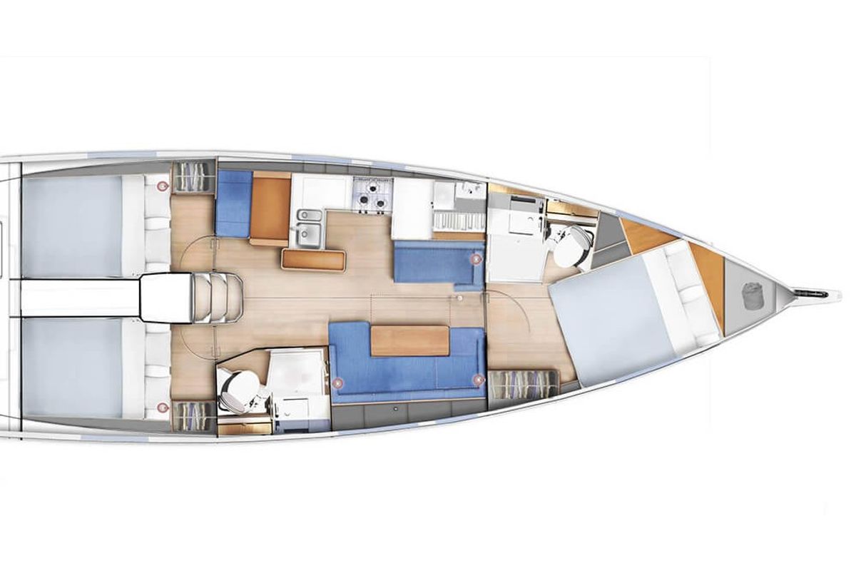 Floor plan of Baghera, a Jeanneau Sun Odyssey 410 sailboat at Municipal Unit of Lefkada, Greece