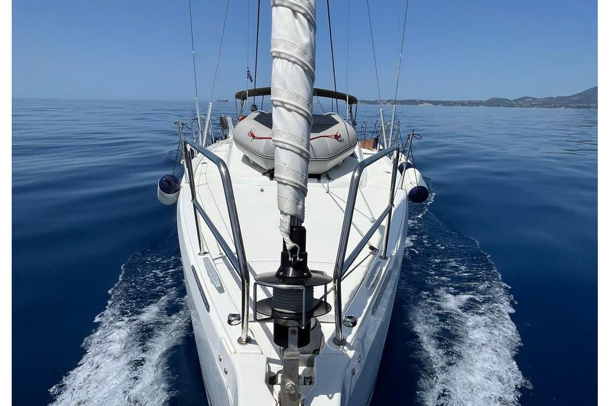 Exterior view of Baghera, a Jeanneau Sun Odyssey 410 sailboat at Municipal Unit of Lefkada, Greece