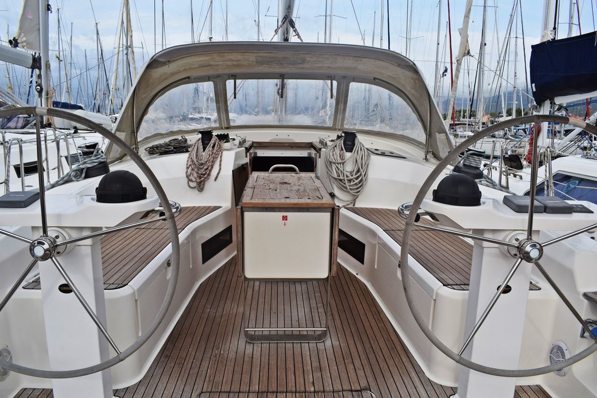 Exterior view of Tiha, a Bavaria Cruiser 45 sailboat at Grad Kaštela, Croatia