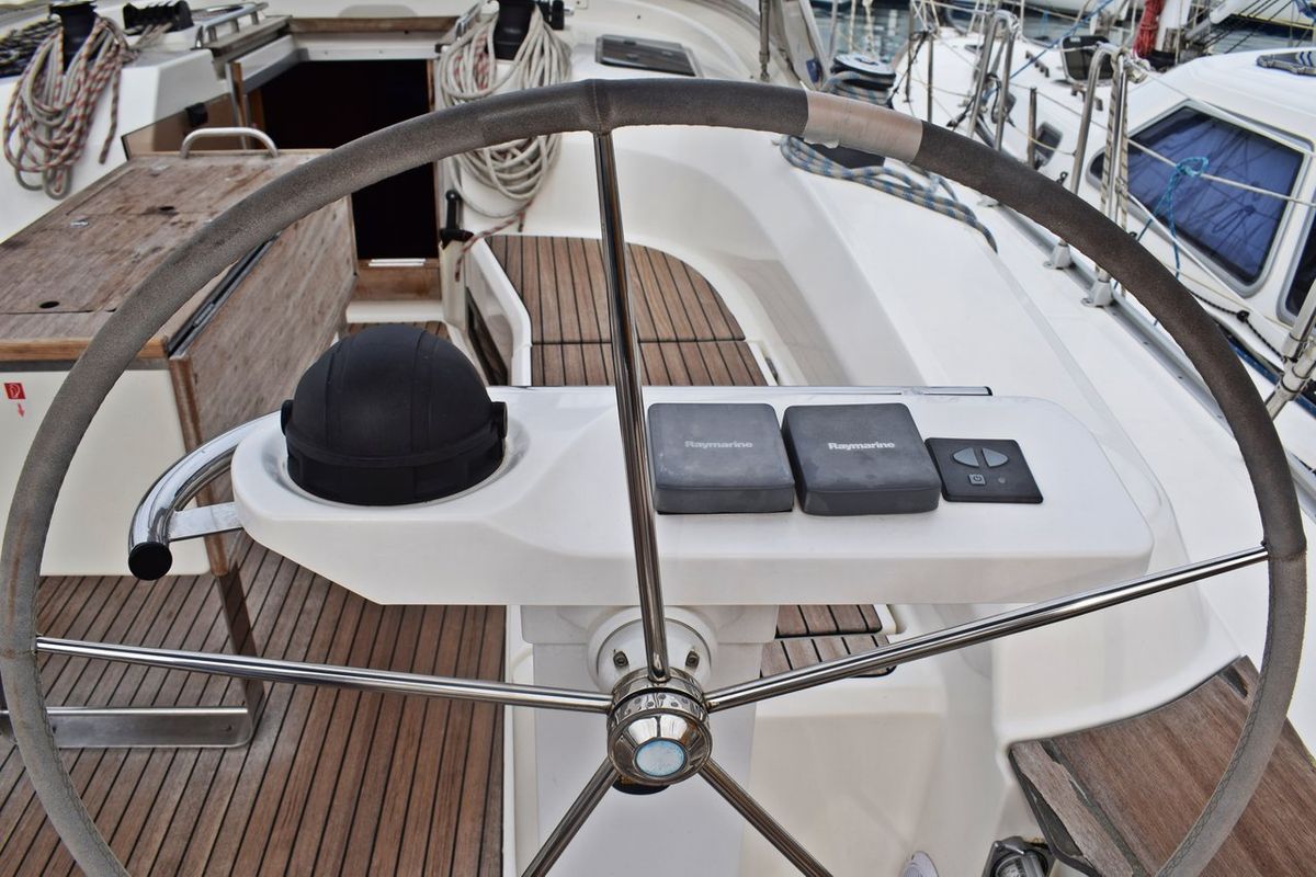 Cockpit of Tiha, a Bavaria Cruiser 45 sailboat at Grad Kaštela, Croatia