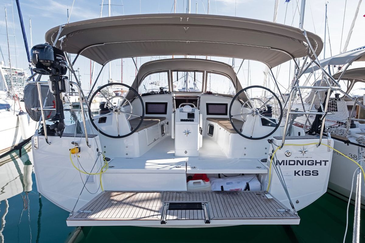 Exterior view of Midnight Kiss, a Jeanneau Sun Odyssey 410 sailboat at Split, Croatia