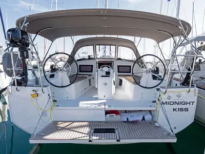 Cockpit of Midnight Kiss, a Jeanneau Sun Odyssey 410 sailboat at Split, Croatia
