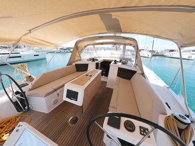 Cockpit of GOSAILING, a Dufour 430 sailboat at Municipal Unit of Ellomenos, Greece
