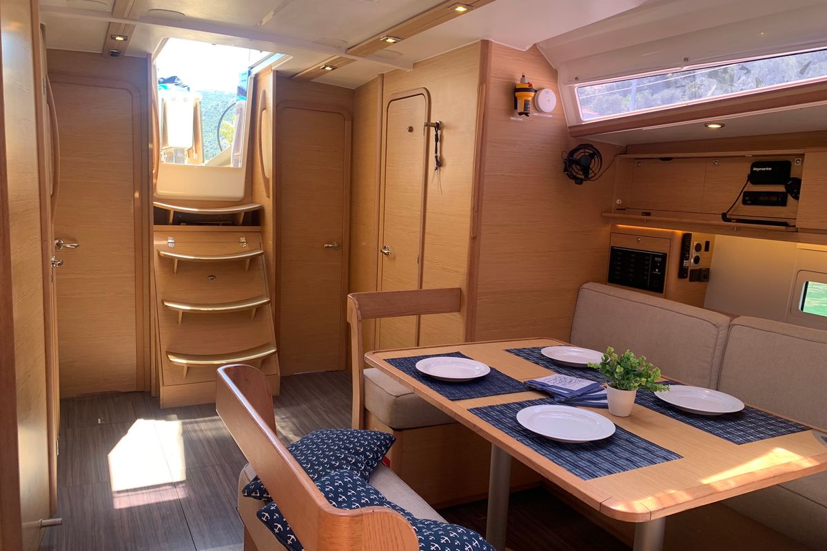 Salon of GOSAILING, a Dufour 430 sailboat at Municipal Unit of Ellomenos, Greece
