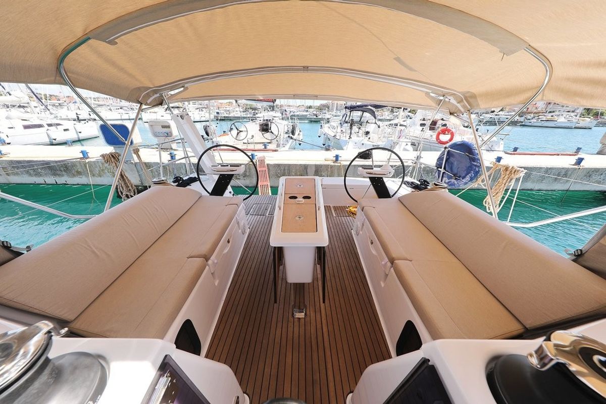 Cockpit of GOSAILING, a Dufour 430 sailboat at Municipal Unit of Ellomenos, Greece