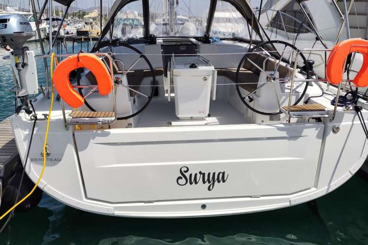 Cockpit of Surya, a Beneteau Oceanis 40.1 sailboat at Kontokali, Greece
