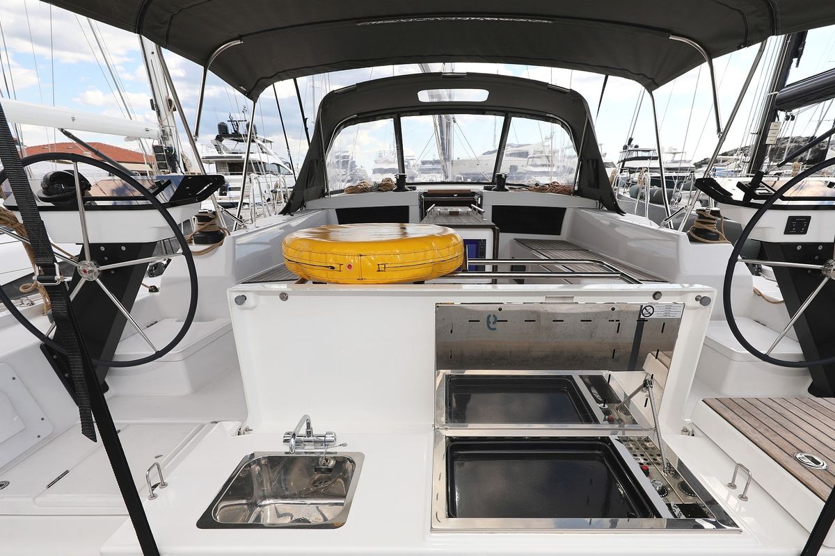 Deck of Bonaca, a Dufour 470 sailboat at Grad Pula, Croatia