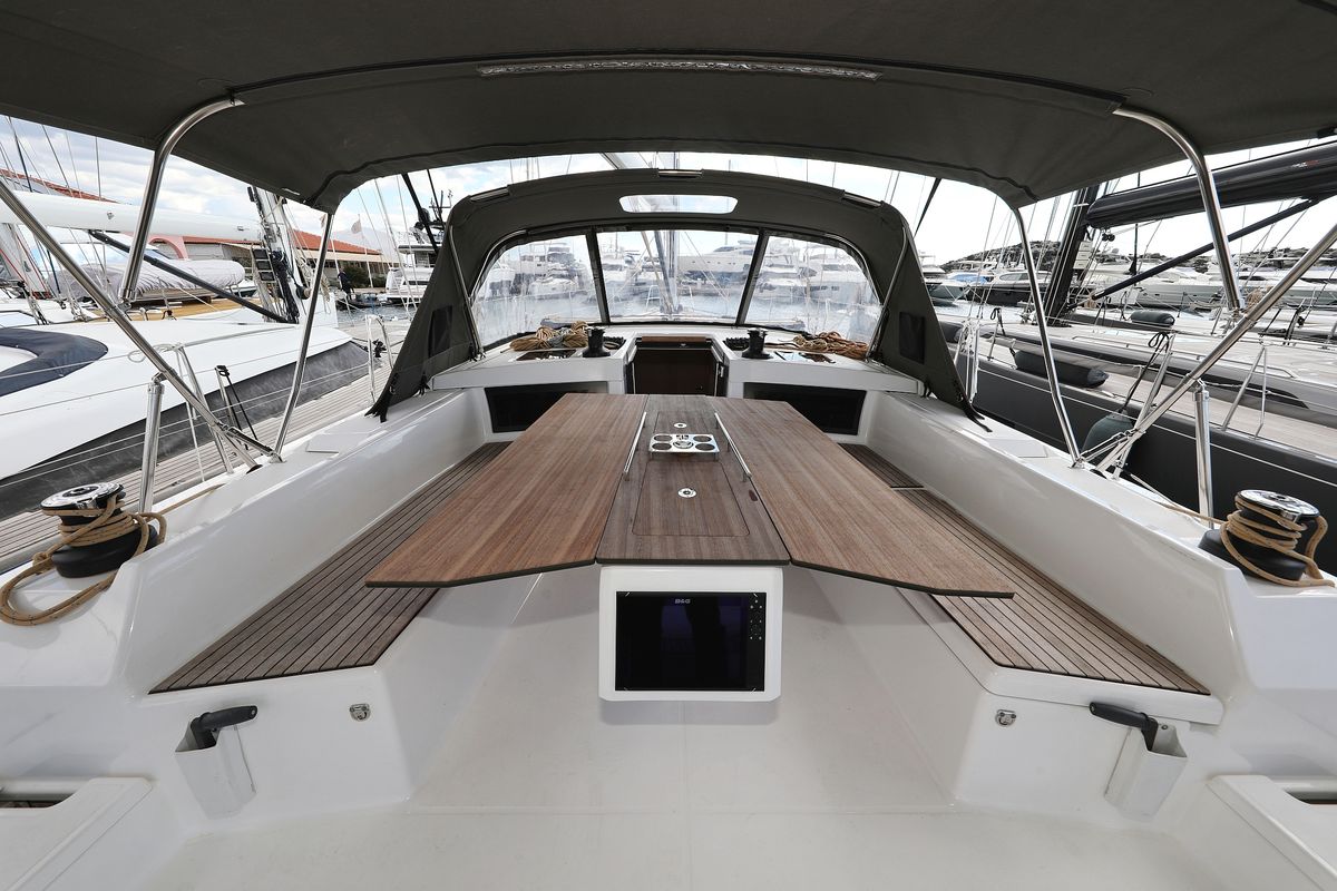 Cockpit of Bonaca, a Dufour 470 sailboat at Grad Pula, Croatia