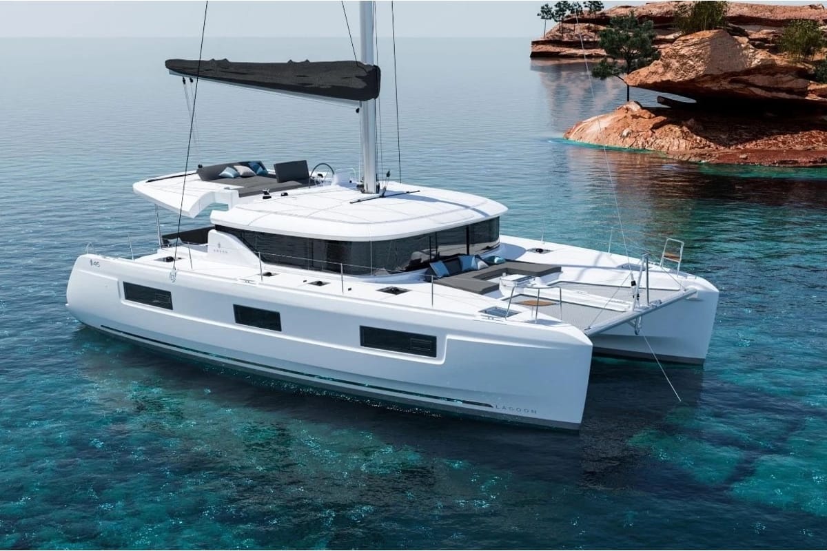 Exterior view of Christianna XV, a Lagoon 46 catamaran at Athens, Greece