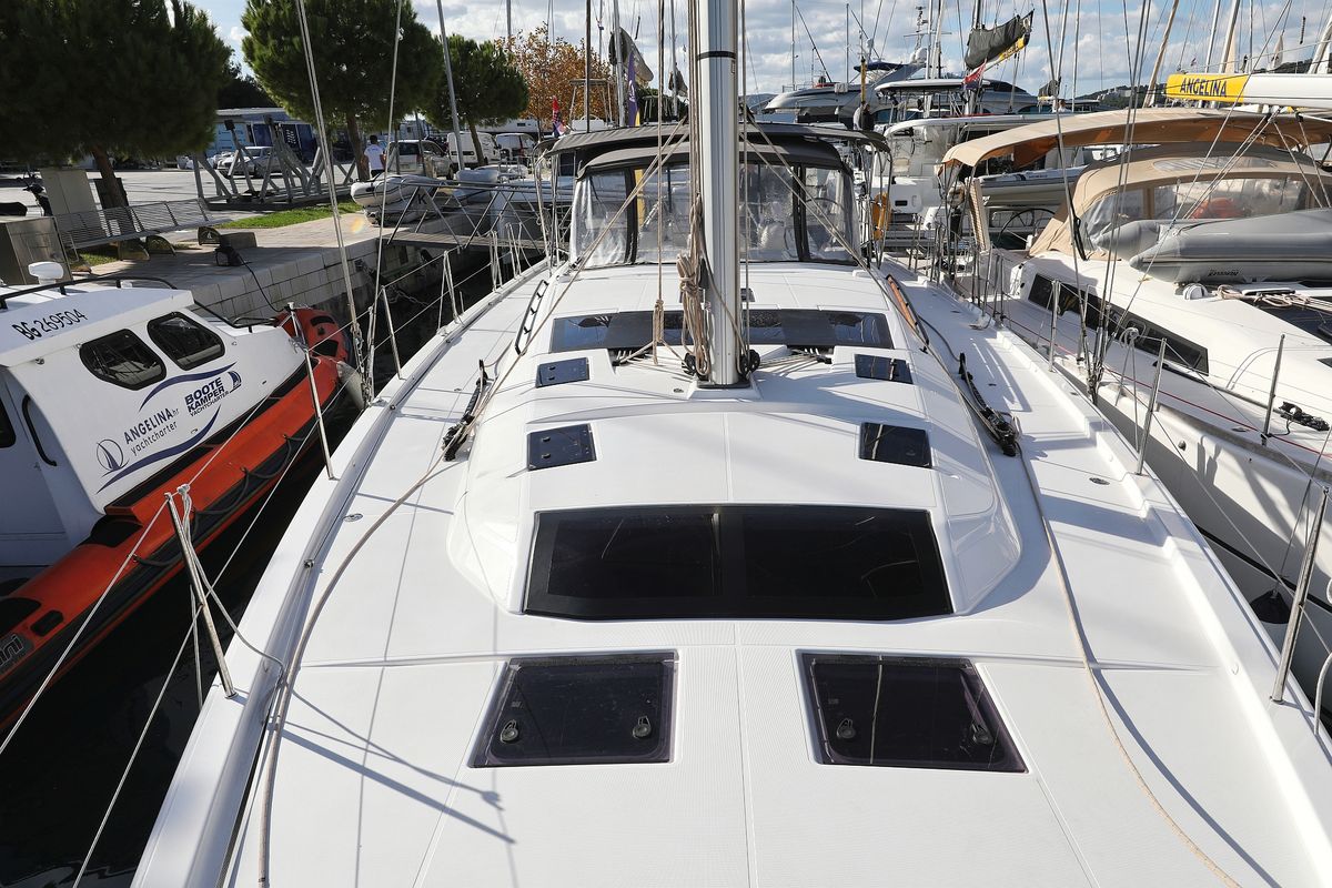 Deck of Skadi, a Dufour 530 sailboat at Grad Trogir, Croatia