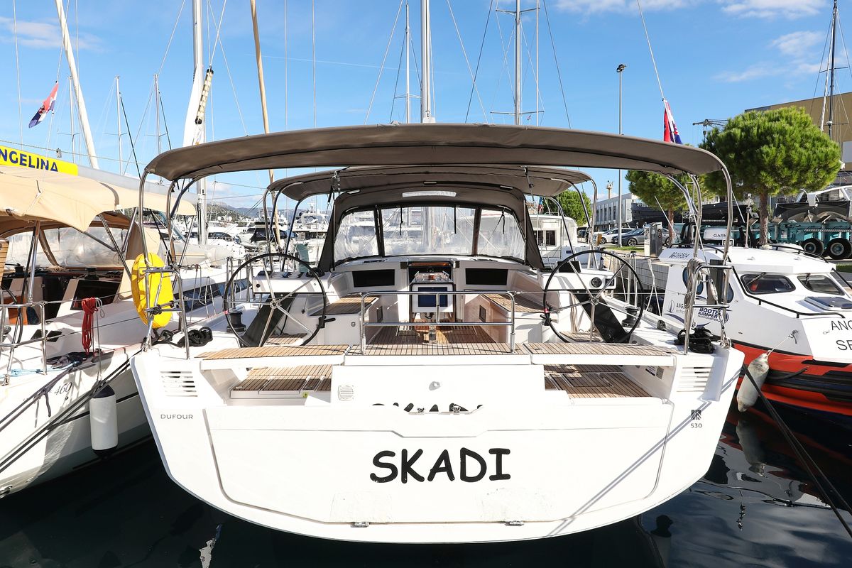 Exterior view of Skadi, a Dufour 530 sailboat at Grad Trogir, Croatia