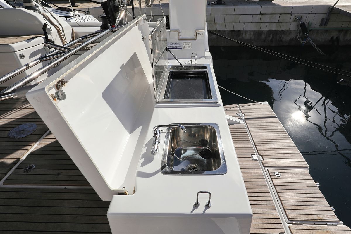 Deck of Skadi, a Dufour 530 sailboat at Grad Trogir, Croatia