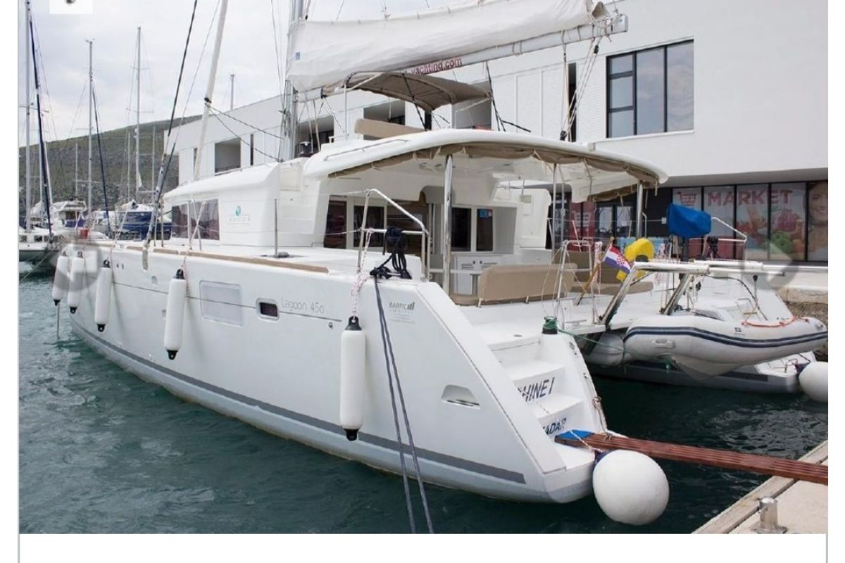Exterior view of Sunshine I, a Lagoon 450 Fly catamaran at Dubrovnik, Croatia