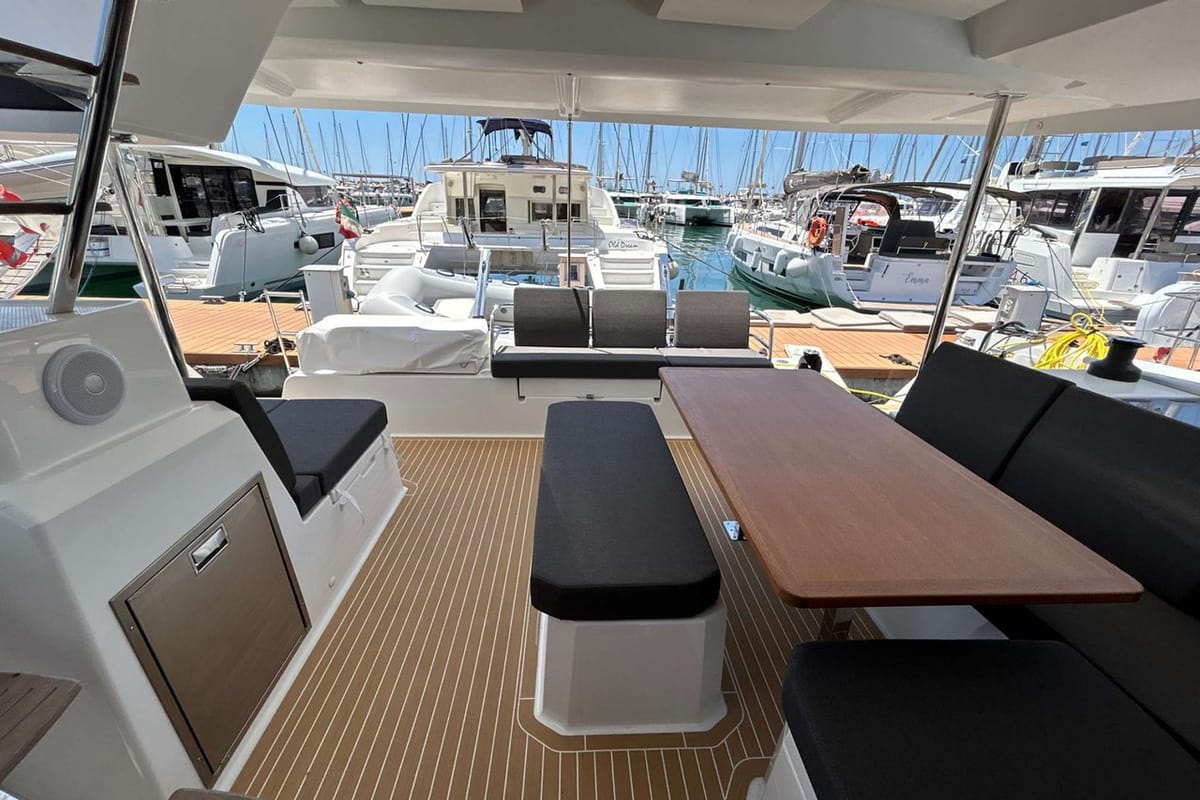 Deck of Deutz, a Fountaine Pajot Astrea 42 catamaran at Salerno, Italy
