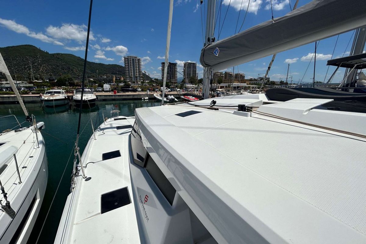 Deck of Deutz, a Fountaine Pajot Astrea 42 catamaran at Salerno, Italy