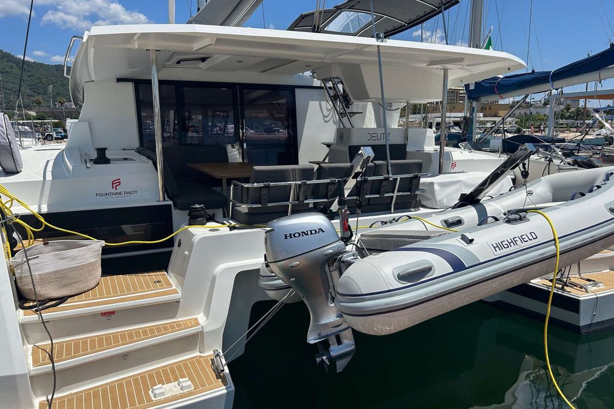 Exterior view of Deutz, a Fountaine Pajot Astrea 42 catamaran at Salerno, Italy