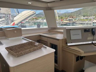 Cockpit of Deutz, a Fountaine Pajot Astrea 42 catamaran at Salerno, Italy
