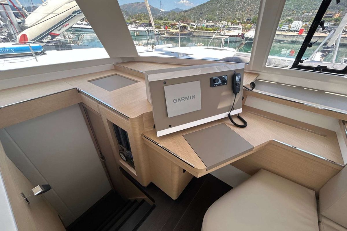 Cockpit of Deutz, a Fountaine Pajot Astrea 42 catamaran at Salerno, Italy