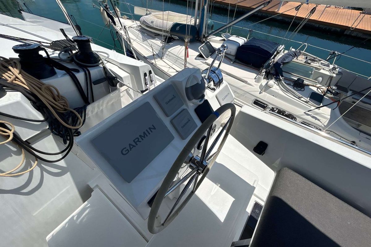 Cockpit of Deutz, a Fountaine Pajot Astrea 42 catamaran at Salerno, Italy