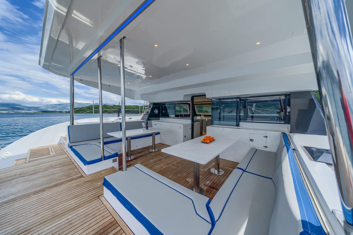 Cockpit of Blue, a Luna 49 catamaran at Split, Croatia