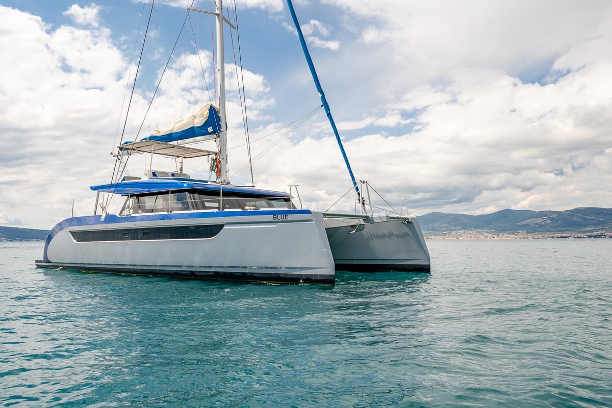 Exterior view of Blue, a Luna 49 catamaran at Split, Croatia