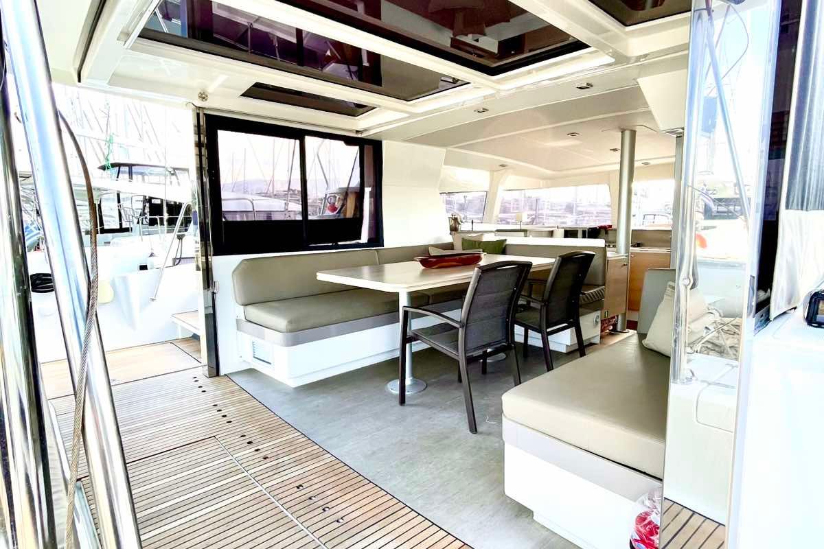 Salon of Mali Blue, a Bali 4.1 catamaran at Municipal Unit of Ellomenos, Greece