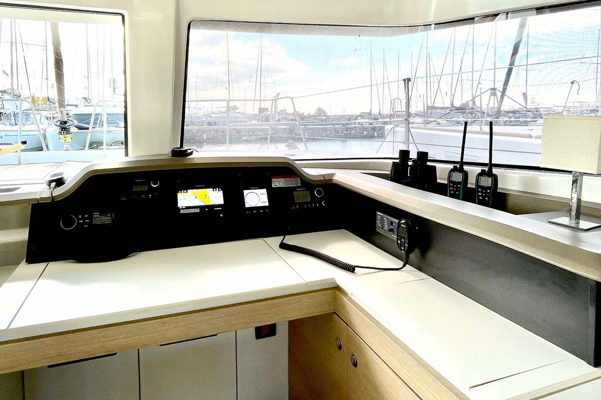 Cockpit of Mali Blue, a Bali 4.1 catamaran at Municipal Unit of Ellomenos, Greece