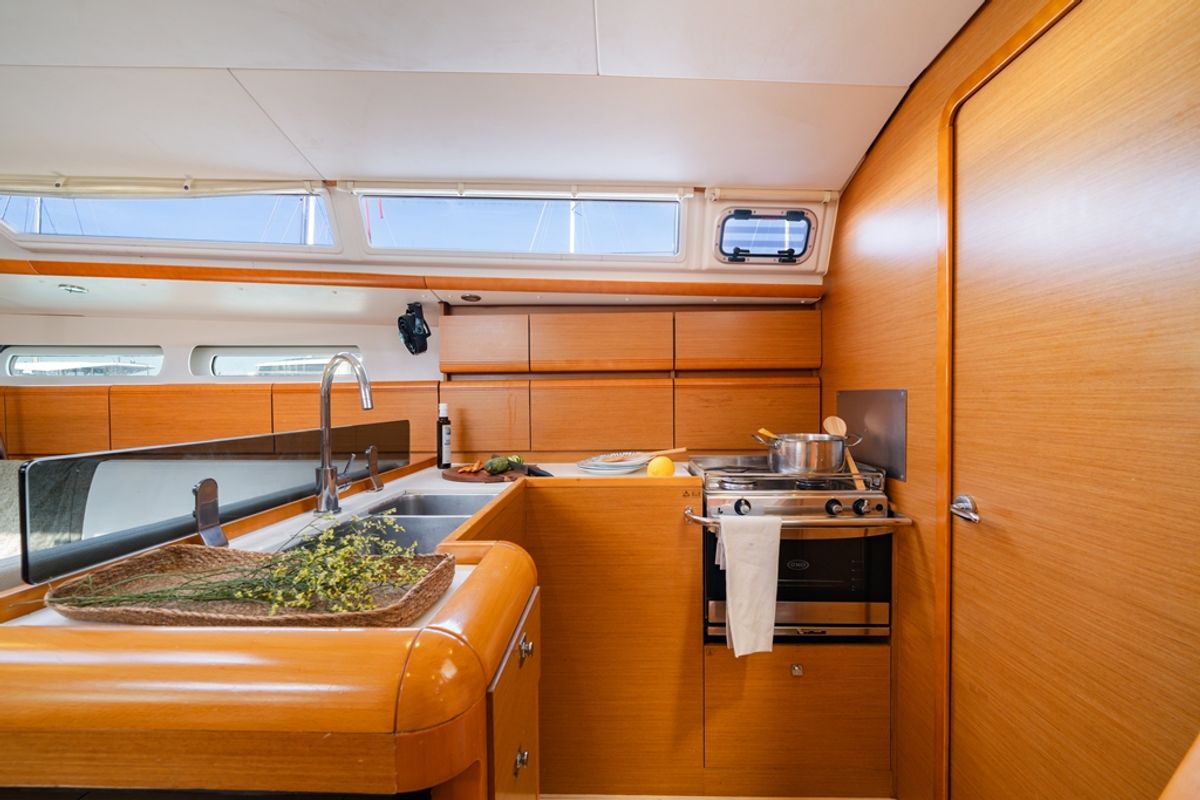 Galley of Fregata, a Jeanneau Sun Odyssey 439 sailboat at Lavreotiki Municipal Unit, Greece