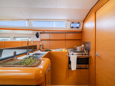 Galley of Fregata, a Jeanneau Sun Odyssey 439 sailboat at Lavreotiki Municipal Unit, Greece