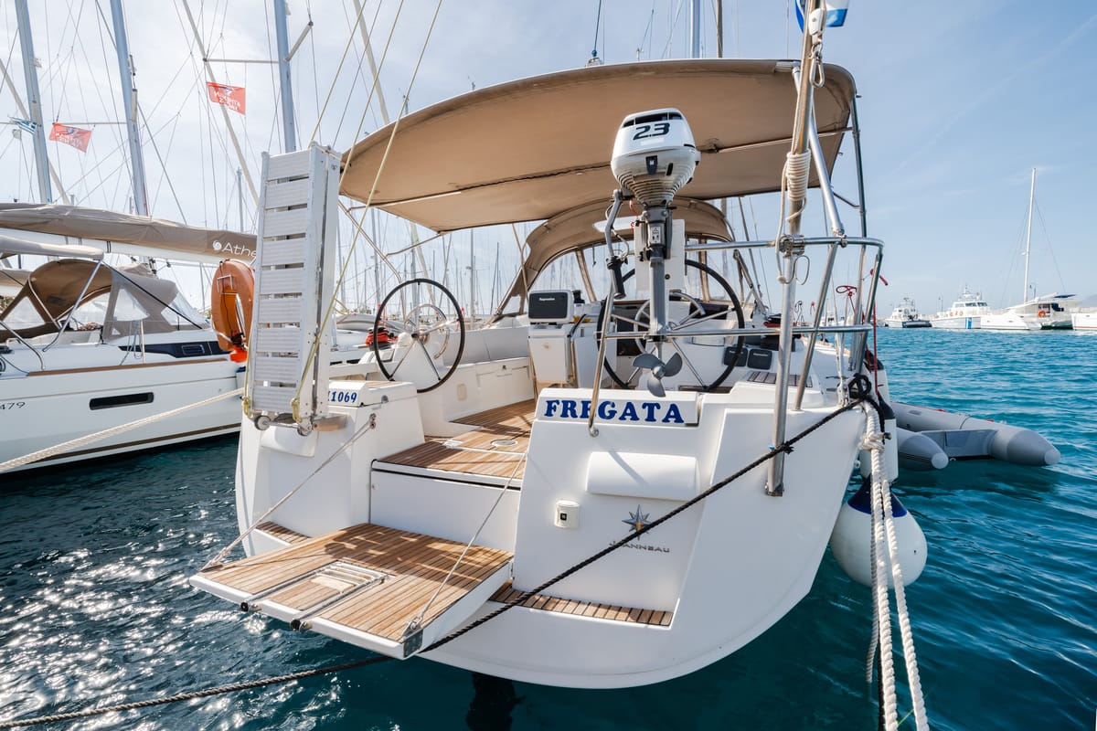 Exterior view of Fregata, a Jeanneau Sun Odyssey 439 sailboat at Lavreotiki Municipal Unit, Greece