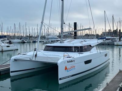 Exterior view of Halle Berry, a Fountaine Pajot Elba 45 catamaran at Marmaris, Turkey