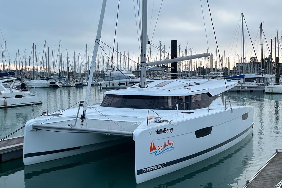 Exterior view of Halle Berry, a Fountaine Pajot Elba 45 catamaran at Marmaris, Turkey