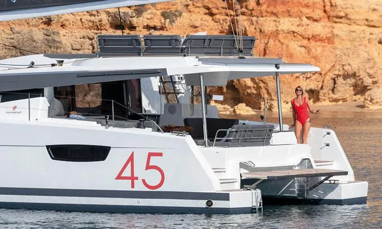 Exterior view of Halle Berry, a Fountaine Pajot Elba 45 catamaran at Marmaris, Turkey