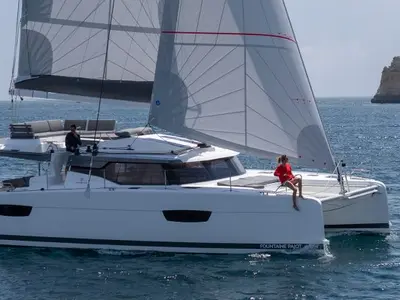 Exterior view of Halle Berry, a Fountaine Pajot Elba 45 catamaran at Marmaris, Turkey