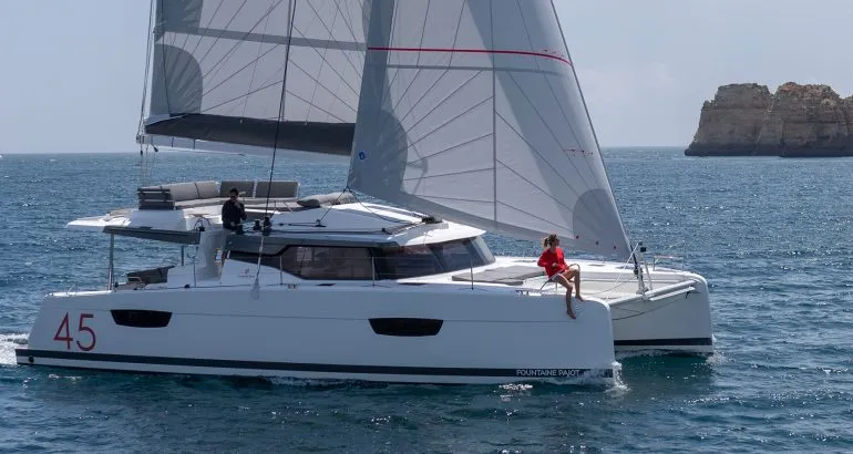 Exterior view of Halle Berry, a Fountaine Pajot Elba 45 catamaran at Marmaris, Turkey