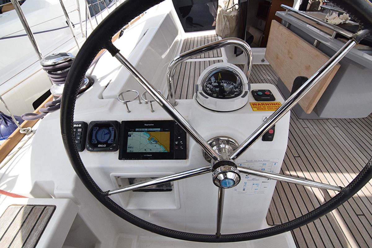 Cockpit of Bolero, a Beneteau Oceanis 41 sailboat at Athens, Greece