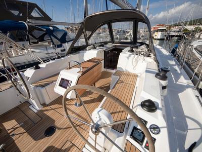 Cockpit of Aura, a Bavaria C38 sailboat at Tribunj, Croatia