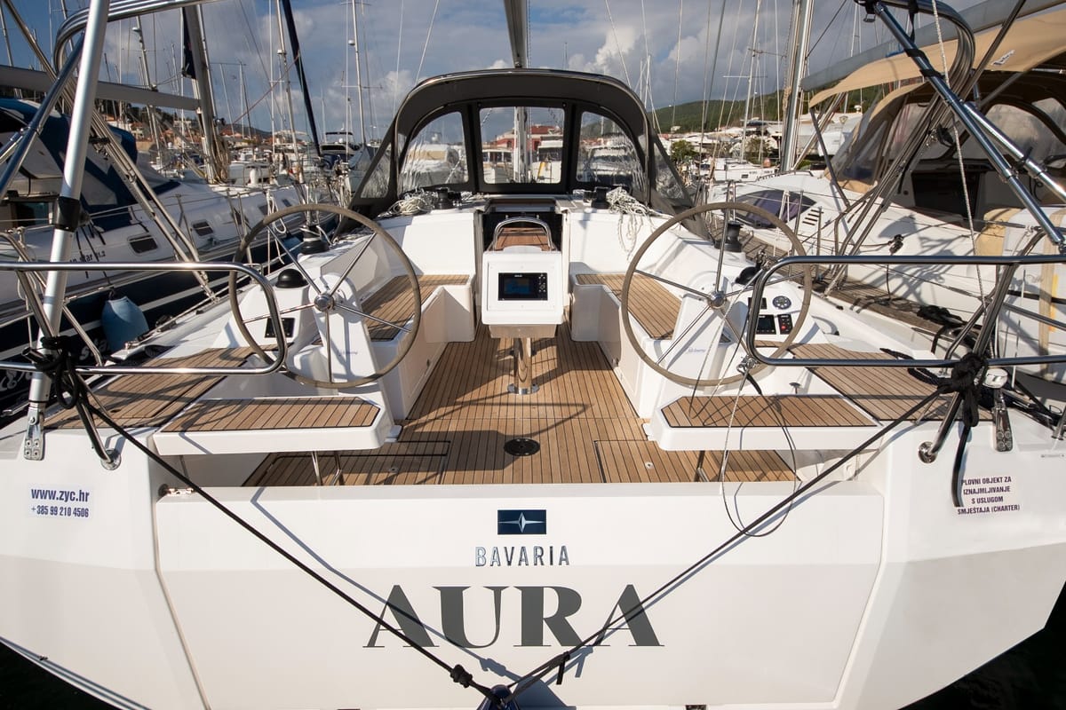 Cockpit of Aura, a Bavaria C38 sailboat at Tribunj, Croatia