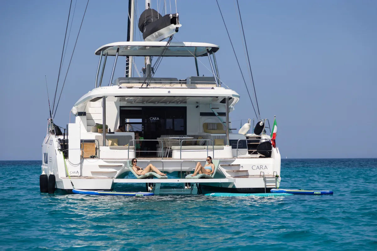 Exterior view of CARA, a Lagoon 55 catamaran at Capo d'Orlando, Italy