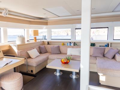 Salon of CARA, a Lagoon 55 catamaran at Capo d'Orlando, Italy