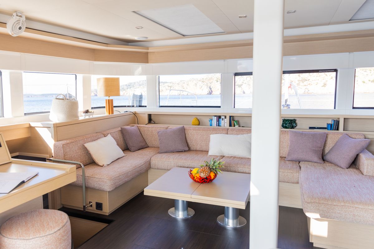 Salon of CARA, a Lagoon 55 catamaran at Capo d'Orlando, Italy