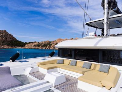 Deck of CARA, a Lagoon 55 catamaran at Capo d'Orlando, Italy
