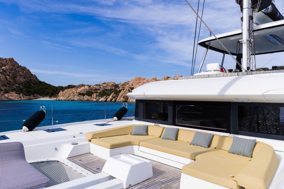 Deck of CARA, a Lagoon 55 catamaran at Capo d'Orlando, Italy