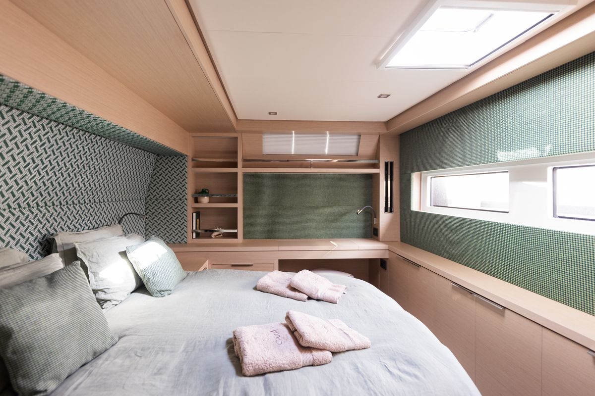 Cabin on CARA, a Lagoon 55 catamaran at Capo d'Orlando, Italy
