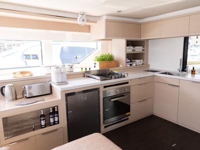 Galley of CARA, a Lagoon 55 catamaran at Capo d'Orlando, Italy