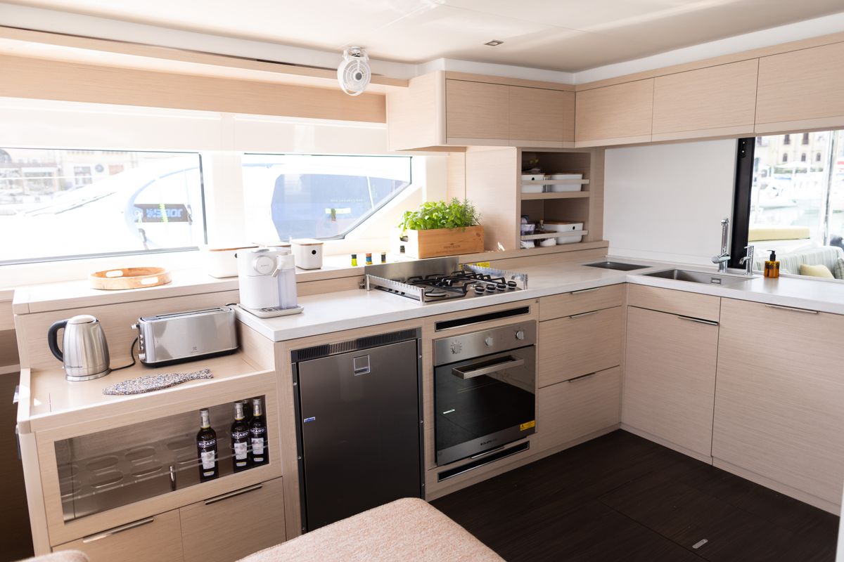 Galley of CARA, a Lagoon 55 catamaran at Capo d'Orlando, Italy