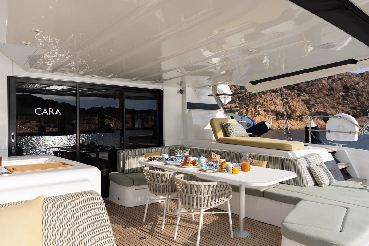 Deck of CARA, a Lagoon 55 catamaran at Capo d'Orlando, Italy