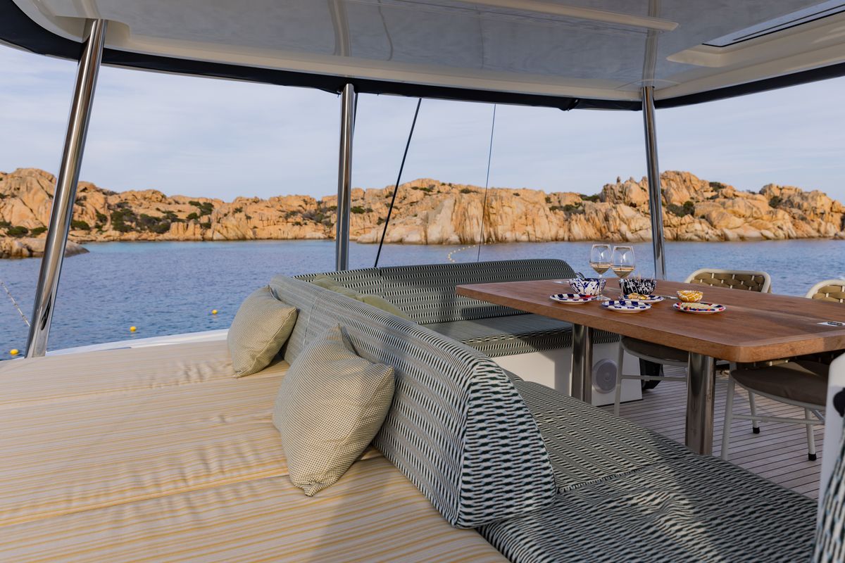 Deck of CARA, a Lagoon 55 catamaran at Capo d'Orlando, Italy
