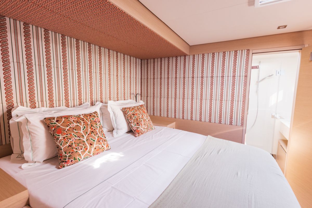 Cabin on CARA, a Lagoon 55 catamaran at Capo d'Orlando, Italy